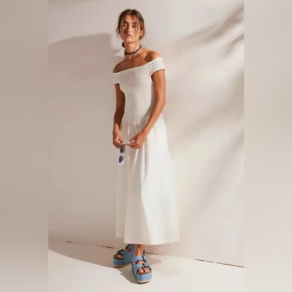 NWOT Free People Ceci Smocked Midi Dress- White